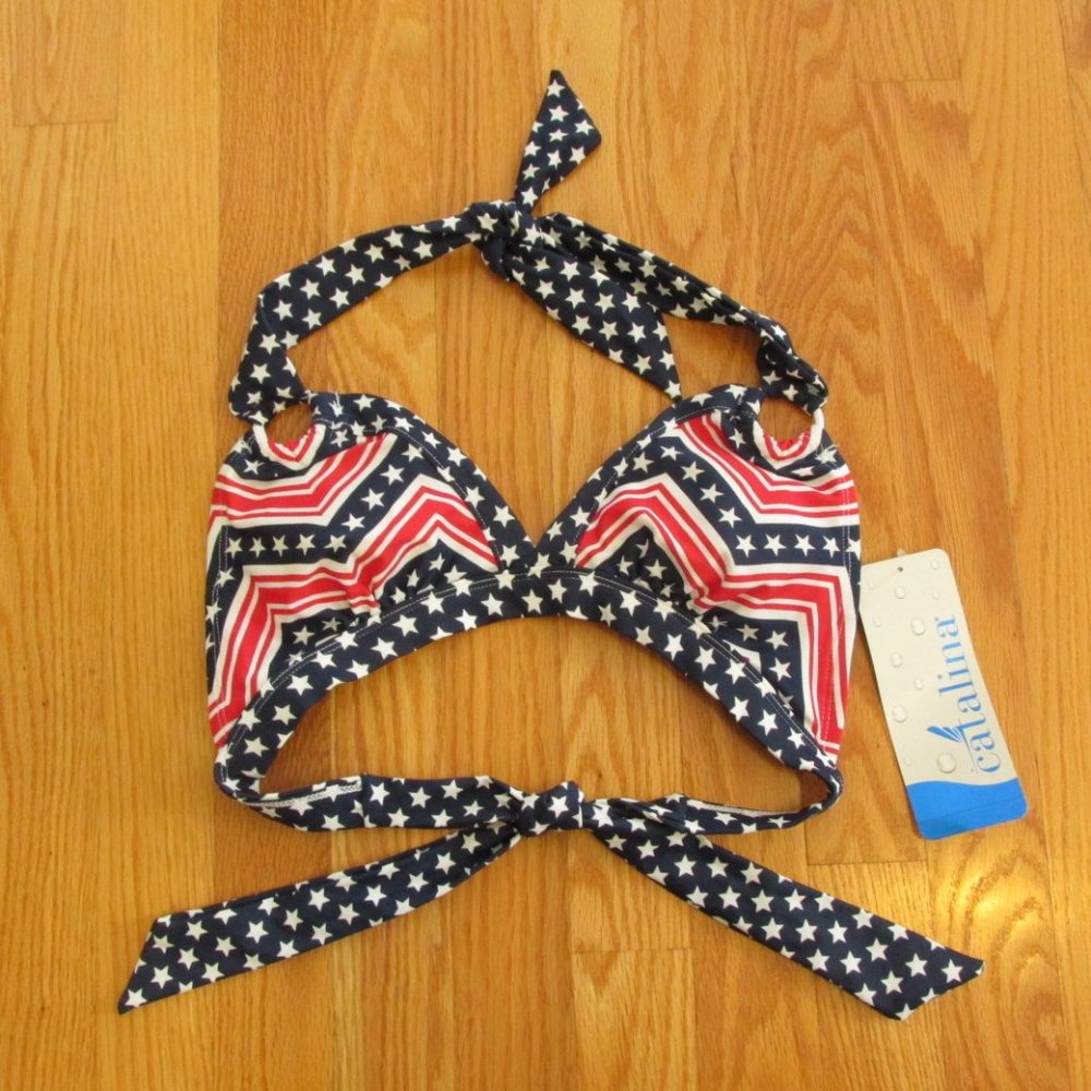 CATALINA WOMENS SIZE S SWIM TOP RED, WHITE, & NAVY BLUE HALTER BRA PATRIOTIC NEW